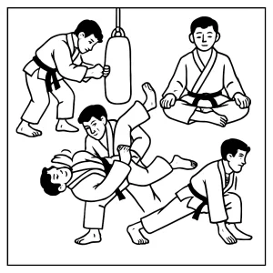 Judo athlete training coloring page showing a martial artist practicing throws and moves, printable for kids.
