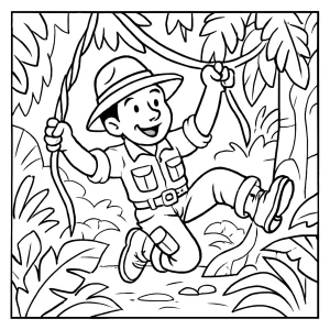 Jungle explorer swinging on vines coloring page with trees, animals, and adventure scene