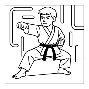 Karate athlete under neon lights coloring page for kids, free printable sheet