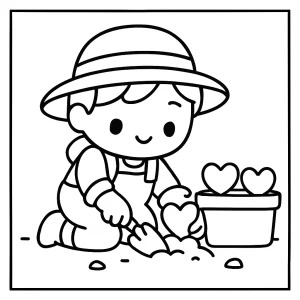 Kawaii gardener planting heart-shaped succulents coloring page for kids to print and color