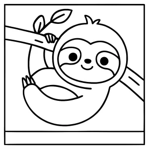 Kawaii sloth hanging on a branch coloring page for kids to print and color