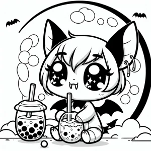 Kawaii vampire bat sipping boba tea under a full moon coloring page