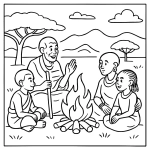 Kenya savanna storytelling around fire coloring page with people, wildlife, and campfire scene