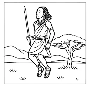 Maasai warrior jumping Adumu dance beside acacia tree coloring page for free printable activities