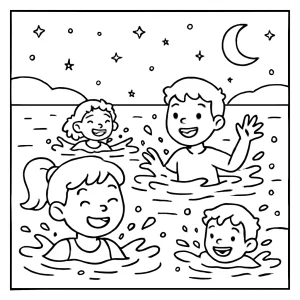 Bioluminescent night swim coloring page with kids playing in glowing water under a starry sky