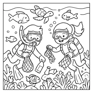 Kids enjoying coral reef clean-up dive coloring page with divers, sea creatures, and corals