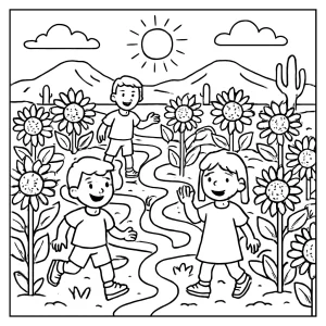 Kids exploring a desert sunflower maze coloring page, free printable activity