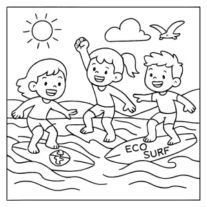 Eco-surf kids competition coloring page featuring children surfing on eco-friendly boards, printable and free to color.