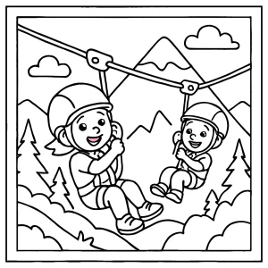 Kids enjoying mountain zipline adventure coloring page – free printable for children