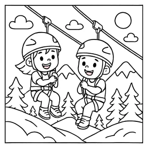 Kids enjoying mountain zipline adventure coloring page – free printable for children