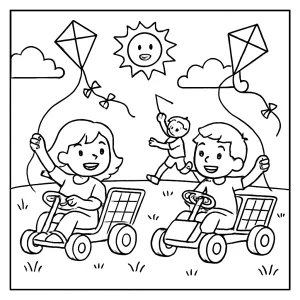 Kids enjoying solar-powered kite race coloring page printable