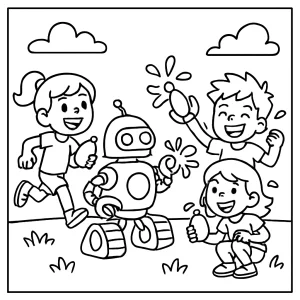 Kids and robots in a lively water balloon war coloring page