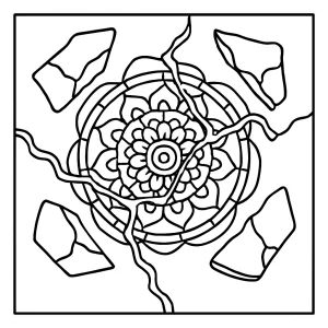 Kintsugi gold crack mandala coloring page featuring pottery shards joined with gold, printable for kids and adults.