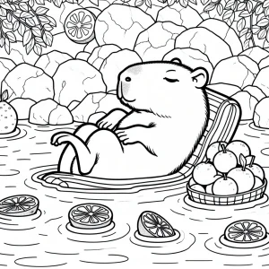 Line art of a capybara relaxing in a hot spring with citrus fruits floating around.