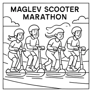 Maglev Scooter Marathon coloring page featuring futuristic scooters racing on magnetic tracks, ready to print and color.