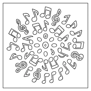 Musical notes mandala coloring page featuring intricate patterns of music symbols for free printing and coloring.