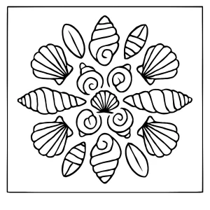Ocean shell mandala coloring page featuring intricate seashell patterns for free printable coloring activities.