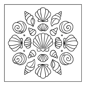 Mandala made of ocean shells coloring page, free printable for kids and adults
