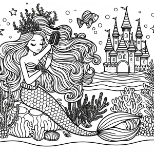 Mermaidcore princess combing her hair among coral castles outlined for coloring.
