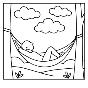 Cloud watching on a hammock coloring page featuring a child relaxing under the sky, free printable for kids