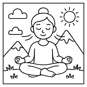 Mindfulness mountain breathing exercise coloring page with a scenic mountain landscape for children and parents to color for free