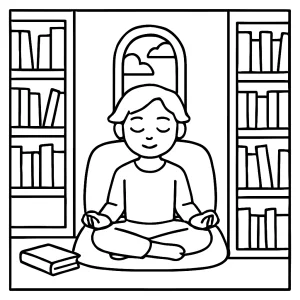 Mindful library nook coloring page with bookshelves, armchair, and reading lamp for free printable fun