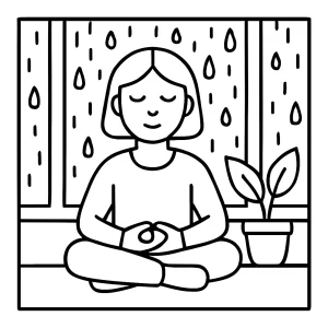 Rainfall window meditation coloring page with raindrops, window frame, and calming scene