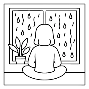 Rainfall window mindfulness practice coloring page with raindrops on a window for kids to print and color.