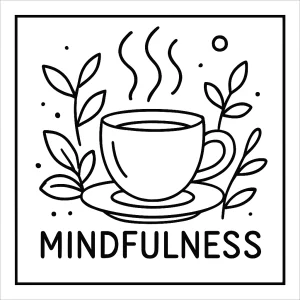Mindful tea cup mantra coloring page with swirling steam and calming design, free printable