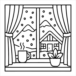 Cozy mountain cabin window view coloring page with gently falling snow, printable for kids and adults.
