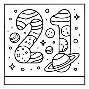 Number 21 shaped by outer space planets coloring page for kids to print and color