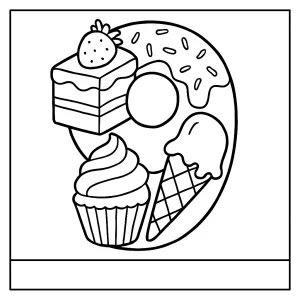 Number 9 shaped by sweet desserts coloring page for free printable fun