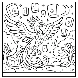 Phoenix Lantern Festival coloring page with a mythical phoenix, floating lanterns, and enchanted realm scenery for kids to color