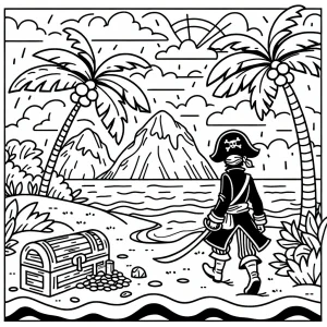 Pirate holding a map on a tropical treasure island with a treasure chest
