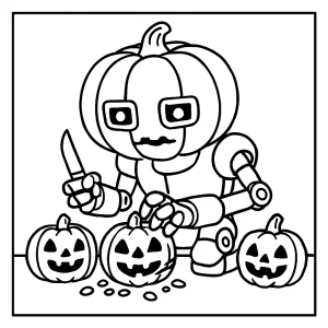 Pumpkin robot with LED eyes carving mini jack-o'-lanterns coloring page for kids