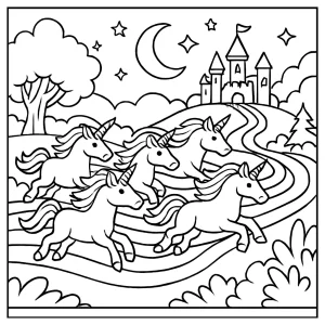 Rainbow River Unicorn Derby coloring page with unicorns racing along a sparkling rainbow river in an enchanted realm. Free printable for kids.
