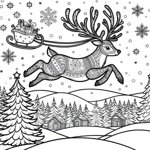 Reindeer flying through a snowy sky coloring page