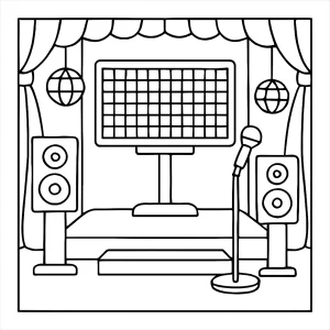Retro karaoke stage coloring page with pixelated lyrics screen and vintage stage details for kids to color.