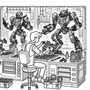 Robot builder assembling lego-style mechs in a high-tech workshop coloring page