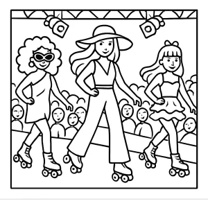Roller-skate fashion show coloring page with models on roller-skates, printable for kids