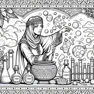 STEM wizardess mixing bubbling potions labeled code and chemistry