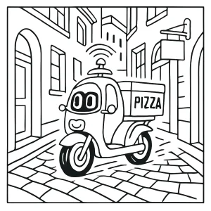 Self-driving pizza scooter zipping through a narrow European alley, coloring page for free printable fun