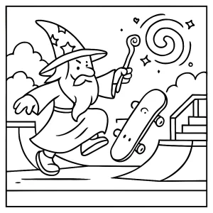 Skatepark wizard casting flip spell coloring page for free printable fun