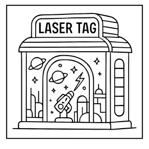 Space-age laser tag arena shaped like a retro arcade coloring page – free printable line art for kids