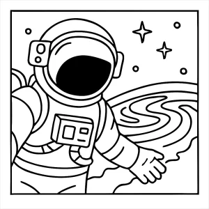 Spacewalk selfie with Earth aurora swirling below coloring page showing an astronaut in space with glowing lights over Earth