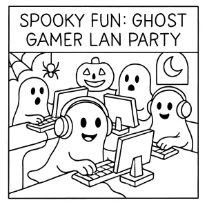 Ghost gamer LAN party coloring page with playful ghosts, computers, and gaming decorations