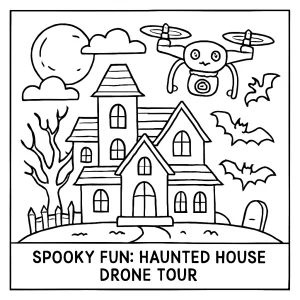 Haunted house drone tour coloring page featuring a spooky mansion, drone, ghosts, and Halloween scenery for kids to color.