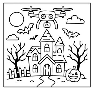 Haunted house drone tour coloring page with spooky mansion, bats, and drone for kids to color