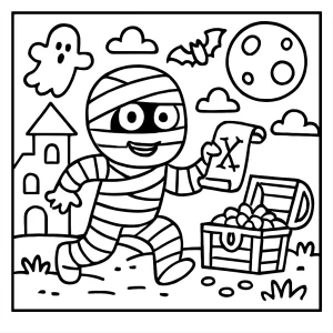 Spooky mummy treasure hunt coloring page with mummies, treasure chests, and tombs for kids to color