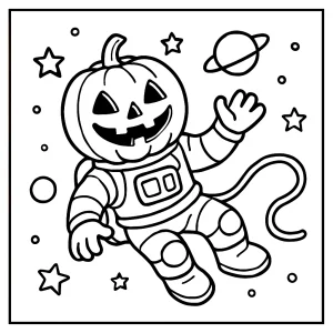 Pumpkin Astronaut coloring page featuring a pumpkin in a space suit drifting among stars and planets, free printable for kids